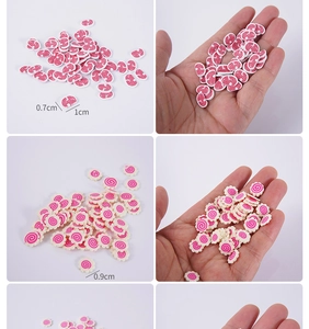 Macro shot of colorful polymer clay fish cake slices in 0.7cm to 1cm sizes for DIY crafts