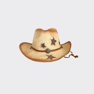 Western straw cowboy hat in beige with vintage star print and rustic metal buckle