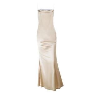 Elegant champagne satin maxi dress with white lace neckline detail on white background