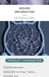 Detailed product specifications table for a handmade feather dreamcatcher wall hanging