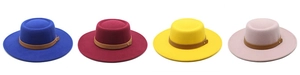 Flat top wool felt boater hats in blue, red, yellow and pink with leather bands
