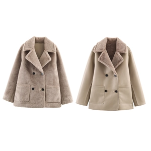 Women Reversible Coat Faux Lamb Wool And Leather Lapel Double Breasted Warm Winter Jacket Fashion Casual