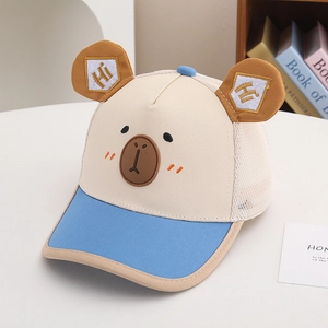 Detail of cartoon bear mesh cap with 3D ears and breathable mesh back for summer kids