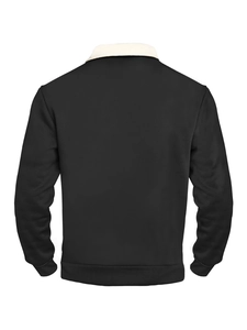 Rear view of black waffle knit sweatshirt featuring a white sherpa fleece collar detail