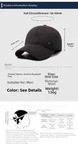 Detailed size chart for men wool baseball cap showing brim depth and head circumference guide