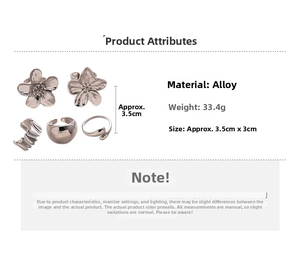 Detailed specs of 5-piece silver geometric flower rings and earrings set made of alloy