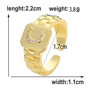 Detailed view of adjustable gold ring with diamond letter U and product dimensions