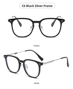 Close-up of black and silver square glasses frame with metallic temples from dual angles