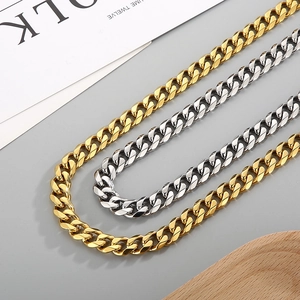 Flat lay of gold and silver stainless steel Cuban link necklaces on a neutral background