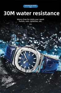 Detailed view of Poedagar slim quartz watch with blue dial and 30M water resistance spray
