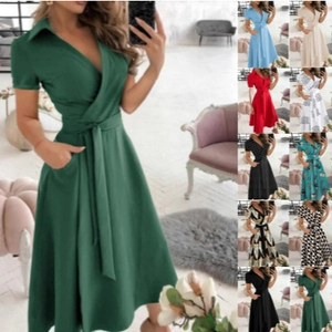 Vestito Midi Donna Manica Corta Scollo A V Poliestere Stile Portafoglio Cintura Tasche Elegante Tinta Unita Floreale