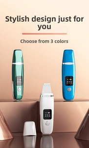 Ultrasonic skin scrubber with LCD screen in sky blue, dark green, and pearl white colors