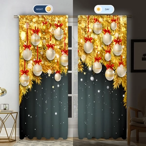 Detail view of Christmas blackout curtains showing light blocking effect in day and night