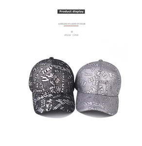Detail of baseball caps with metallic reflective coating and graffiti style text print