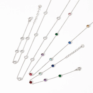 Polished stainless steel necklace and bracelet set with colorful round gemstones