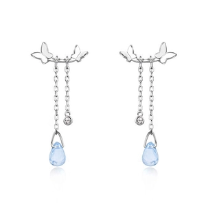 Elegant S999 silver butterfly earrings with asymmetric blue moonstone water drop charms