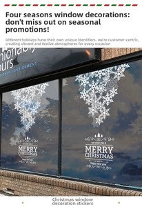 Detailed view of white snowflake electrostatic window stickers with Christmas greetings