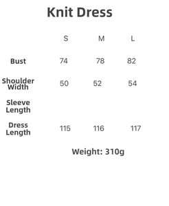 Detailed size chart for knitted slim fit dress with bust shoulder and length metrics