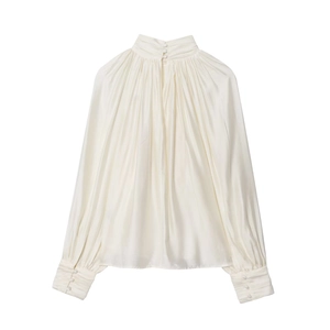 Elegant off-white satin high-neck long-sleeve blouse with draped details and lantern sleeves
