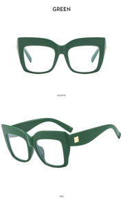 Detailed front and side views of green oversized cat-eye glasses with gold rivet accents