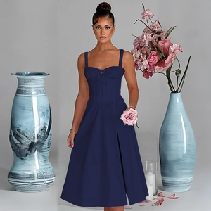 Detail of slim-fit navy blue strapless midi dress with front tie-up and side slit detail