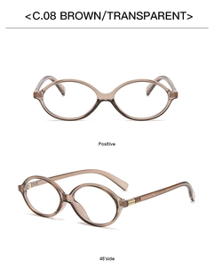 Detailed front and 45-degree view of brown transparent oval frame eyewear
