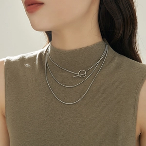 Three-layer silver snake chain necklace with stylish OT toggle clasp for women