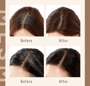 Before and after comparison of temporary hair dye pen covering grey roots on brown and black hair