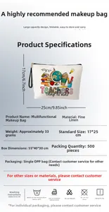 Detail of linen teacher makeup bag with digital print and secure black zipper closure