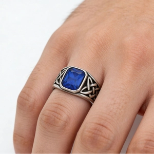 Retro Viking style titanium steel ring for men with rectangular blue gemstone inlay