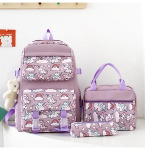 Detailed set of purple unicorn nylon backpack with matching lunch bag and pencil case