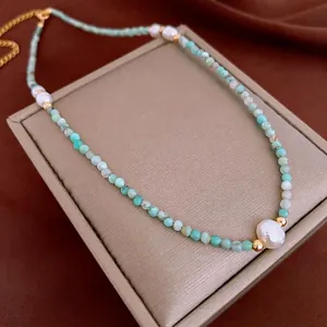 Collier Amazonite Et Künstliche Perles D Eau Douce Cuivre Plaqué Or Véritable Fait Main Style Chinois Nouveau Ras De Cou Pour Femmes