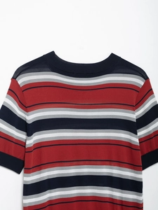 Close-up of the ribbed crew neck and multi-color horizontal striped knit texture