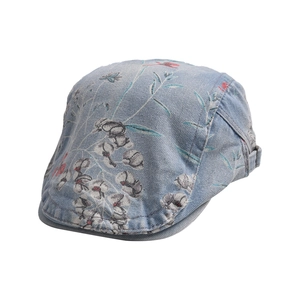 Retro light blue denim ivy cap with floral print and adjustable side buckle for women