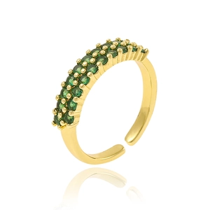 Exquisite 18K gold plated ring with double rows of green zircon in adjustable open design