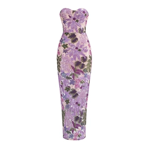 Detailed embroidery and shimmering sequins on a floral pattern strapless evening gown