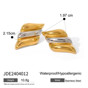 Two-tone gold and silver stainless steel wavy hoop earrings with a waterproof finish