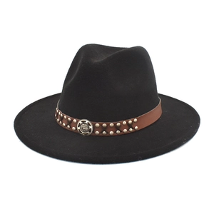 Wide Brim Fedora Hat Woolen Felt Retro Western Style Leather Band Metal Rivets Medallion Unisex Jazz Cap
