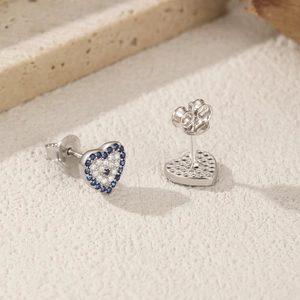 Sparkling S925 sterling silver heart stud earrings with blue and white crystals