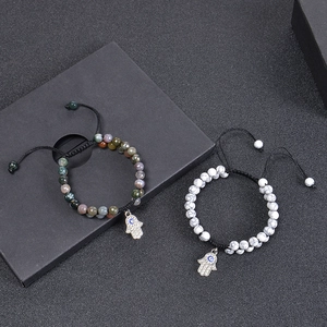 Bracelets Main de Fatma et Œil du Diable en pierre de lave et turquoise blanche polie