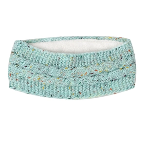 Detail of mint green cable knit headband with warm white fleece lining for winter ear protection