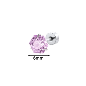 Pink hexagonal crystal stud earring in silver titanium steel, 6mm wide gemstone size