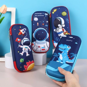 Detail of deep blue 3D embossed EVA stationery boxes with astronaut and dinosaur motifs