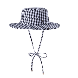 Women's wide brim black and white gingham sun hat with adjustable chin strap