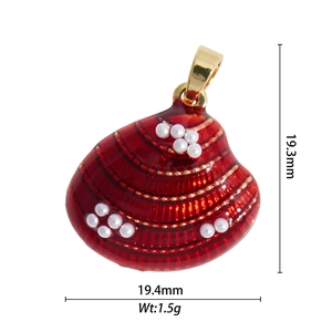 Detail of red enamel scallop pendant with pearl inlay showing dimensions 19.3mm by 19.4mm