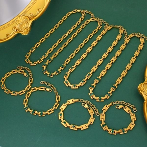 French Vintage 18K Gold Plated Stainless Steel Geometric Square Link Chain Necklace Bracelet Jewelry Set Inlaid Zirconia Women Daily Accessories