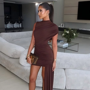 Detail view of the brown one-shoulder fitted dress featuring elegant ruched texture details