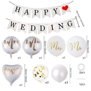 Gold and white wedding decoration set with Happy Wedding banner and foil balloons