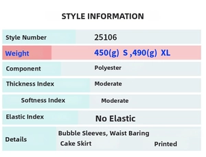 Größentabelle mit Details zu Polyesterstoff, Puffärmeln und bedrucktem Design