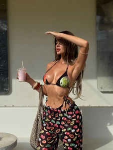 Women Bikini Top Bottom And Mesh Wide Leg Pants Tropical Fruit Print Halter Tie Side Sexy Beach Vacation Swimwear